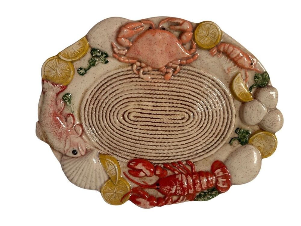 Vintage Multicolor Ceramic Sculpted Seafood Oval Platter 14" X 11"